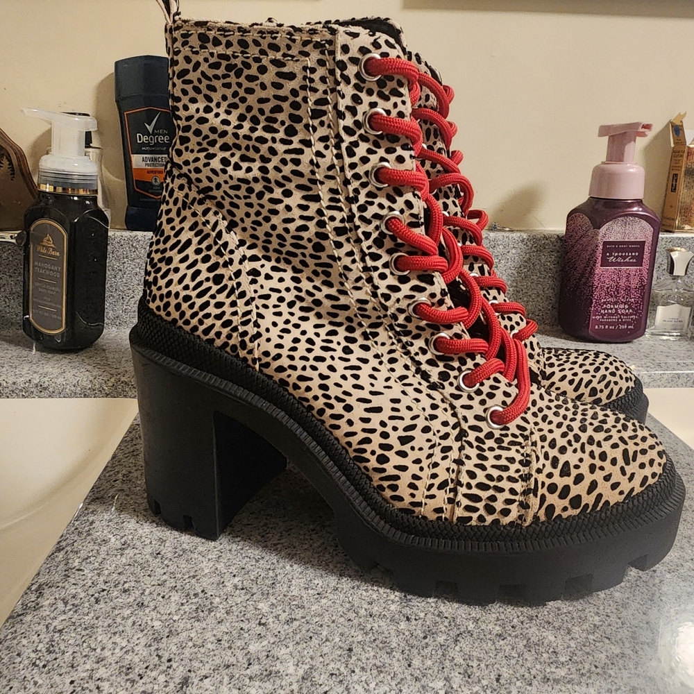 Gianni Bini Leopard Print Lace Up Boots with Red Laces